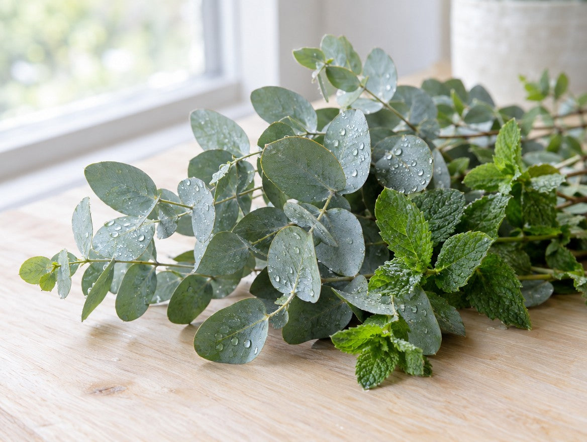 Fresh eucalyptus leaves — the cool, clean heart of the blend