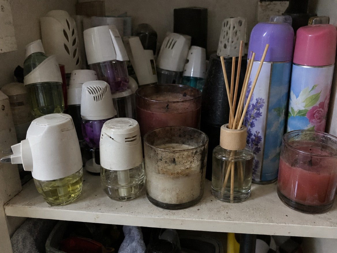 Synthetic sprays and plug-in air fresheners lined up on a shelf